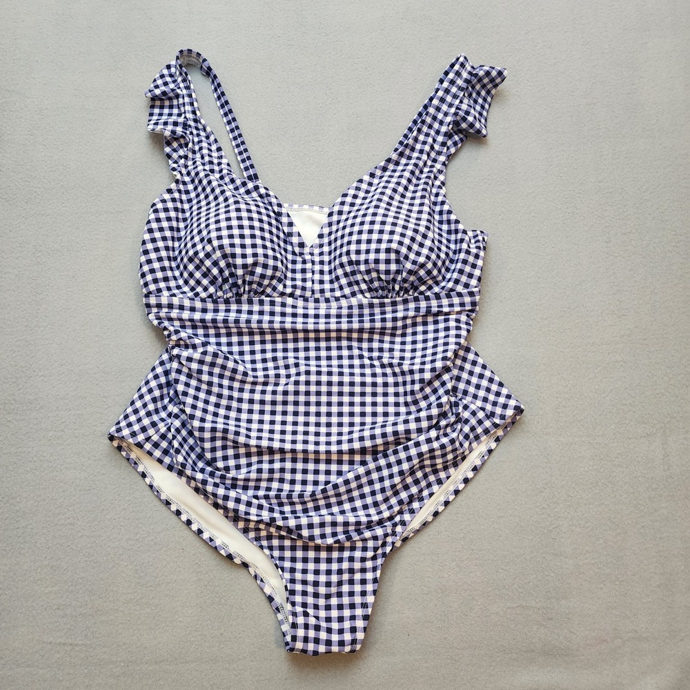 Kona Sol Purple Gingham Ruffle One Piece Swimsuit Plus Size 18W Ruched V-Neck